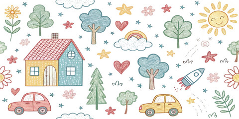 Whimsical hand-drawn doodle seamless pattern with house, rainbow, rocket, flowers, clouds, sun, trees, stars, and car. Cute colorful kids sketch background for fabric, wallpaper, or stationery.