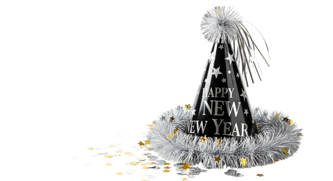 A festive black party hat with happy new year text and silver tinsel, isolated on transparent background, surrounded by confetti, perfect for new years eve celebrations and party themes
