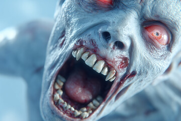 Terrifying undead creature with fangs and glowing eyes close-up