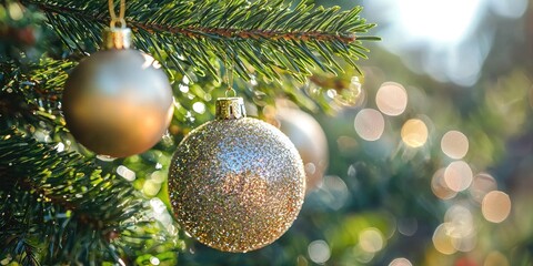 A golden glittery bauble hanging from a Christmas tree with a blurred background of bokeh lights.