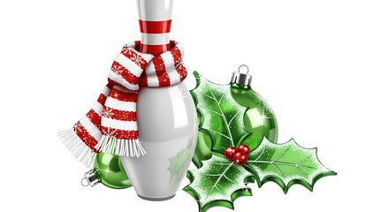 Christmas bowling pin wearing a scarf with ornaments and holly, isolated on transparent background