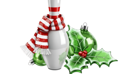 Christmas bowling pin wearing a scarf with ornaments and holly, isolated on transparent background
