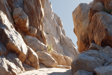 Majestic rocky canyon with sunlit boulder formations and clear blue sky