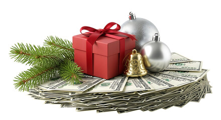 A red gift box with a red ribbon, two silver christmas ornaments, a golden bell, and a pine branch rest on a fan of us dollar bills, isolated on transparent background