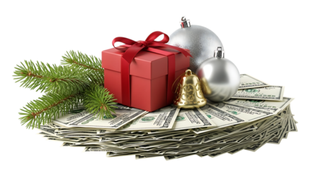 A red gift box with a red ribbon, two silver christmas ornaments, a golden bell, and a pine branch rest on a fan of us dollar bills, isolated on transparent background
