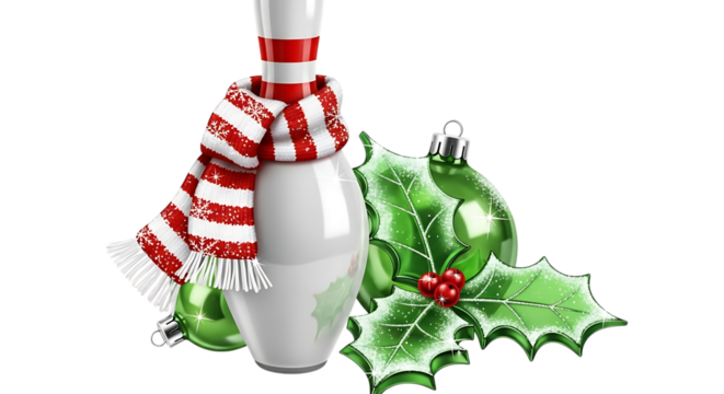 Christmas bowling pin wearing a scarf with ornaments and holly, isolated on transparent background