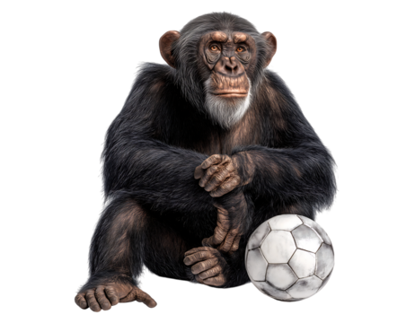Chimpanzee Soccer Player Portrait: Isolated Primate with a Football isolated on a transparent background - Powered by Adobe