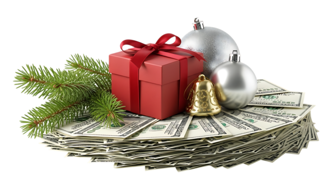 A red gift box with a red ribbon, two silver christmas ornaments, a golden bell, and a pine branch rest on a fan of us dollar bills, isolated on transparent background