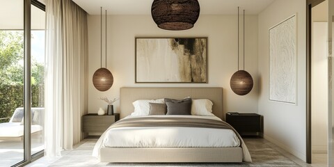 A modern, minimalist bedroom with a large bed, white walls, and a large painting on the wall. The room has a neutral color palette with soft lighting and a few decorative elements.