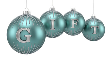 Four teal christmas ornaments with silver letters spelling out gift, isolated on transparent background