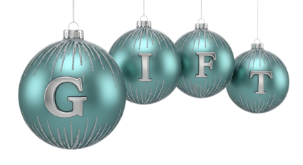 Four teal christmas ornaments with silver letters spelling out gift, isolated on transparent background