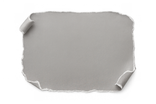 Torn paper sheet with curled edges, blank gray texture, ready for text or image on transparent background