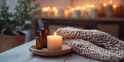 A lit candle with a burning flame, surrounded by a cozy knitted blanket and a potted plant, creating a warm and inviting atmosphere.