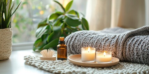 A cozy, warm setting with a blanket, candles, and a plant on a windowsill.