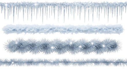 Collection of four different winterthemed borders and decorative elements, including icicles, snow, and tinsel, isolated on transparent background