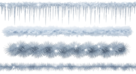 Collection of four different winterthemed borders and decorative elements, including icicles, snow, and tinsel, isolated on transparent background