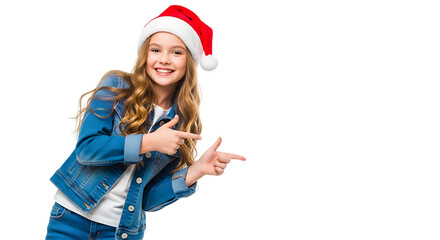A happy young girl wearing a santa hat and denim jacket, pointing to the side with both hands, isolated on transparent background