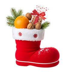 A festive red santa boot filled with christmas treats including an orange, walnuts, pine sprigs, and a gift, isolated on transparent background