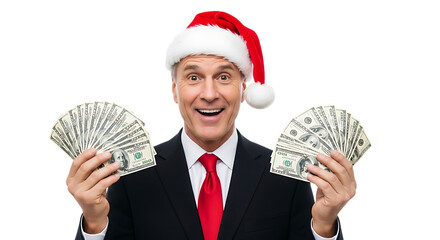 Excited businessman wearing a santa hat and holding fan of us dollar bills, isolated on transparent background