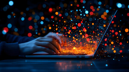 Female hands typing on laptop while sitting at office desk indoors. The idea of a data search technology search engine