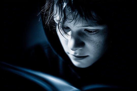 Close-up portrait of a boy reading a book under blue soft light in a dark room, focused and calm expression