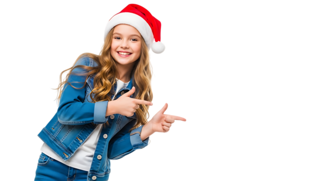 A happy young girl wearing a santa hat and denim jacket, pointing to the side with both hands, isolated on transparent background