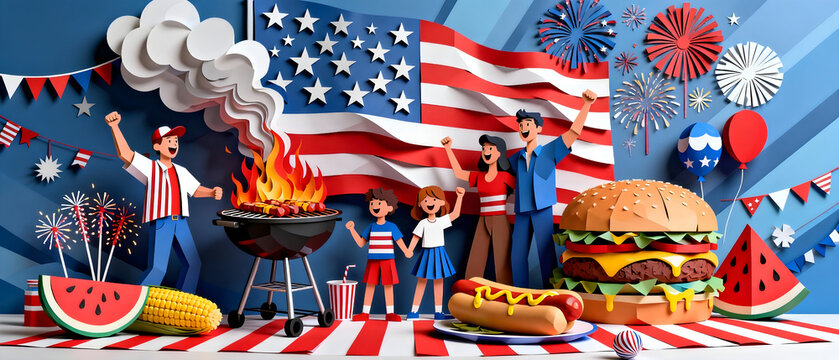Paper Cut Art of 4th of July Picnic and BBQ with American Flag