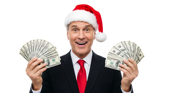 Excited businessman wearing a santa hat and holding fan of us dollar bills, isolated on transparent background