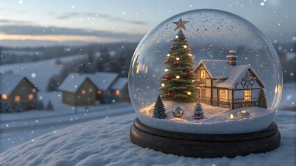 A charming snow globe scene featuring a decorated christmas tree and cozy house nestled within a snowy landscape, evoking a sense of winter magic and holiday cheer