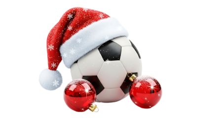 A soccer ball wearing a santa hat and surrounded by christmas ornaments, isolated on a transparent background