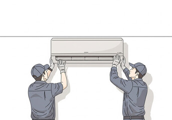 Illustration of two workers installing an air conditioning unit on a wall.