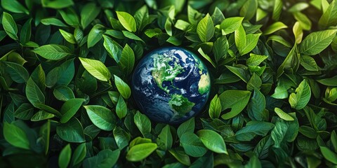 A globe surrounded by green leaves, set against a blurred background with a sunlit sky.