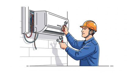 Illustration of a professional male technician in a hard hat repairing an indoor air conditioning unit with wrenches.