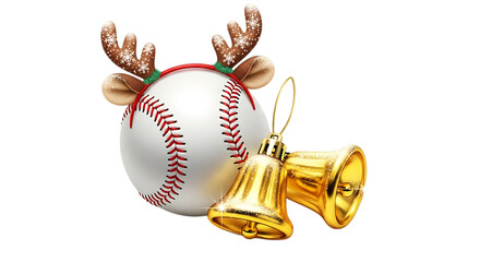Christmas baseball with reindeer antlers and golden bells isolated on transparent background