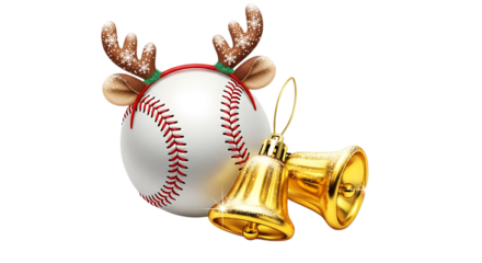 Christmas baseball with reindeer antlers and golden bells isolated on transparent background