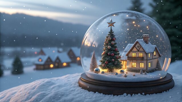 A snow globe with a christmas tree and a house inside, with a snowy landscape in the background, creating a magical and festive winter scene