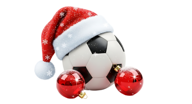 A soccer ball wearing a santa hat and surrounded by christmas ornaments, isolated on a transparent background