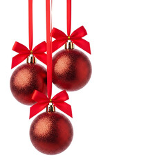 Three sparkling red christmas baubles with red ribbon bows hanging isolated on transparent background