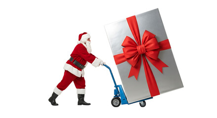 Santa claus pushing a large gift on a dolly, isolated on transparent background