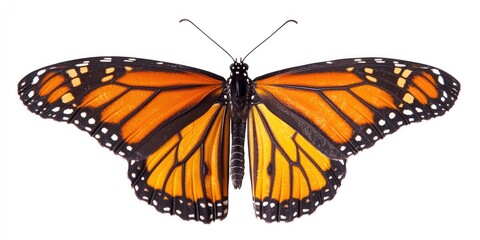 A monarch butterfly with orange and black wings, perched on a white background.