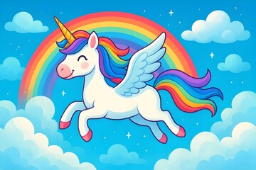 Fototapeta premium Flying Unicorn with Rainbow and Clouds
