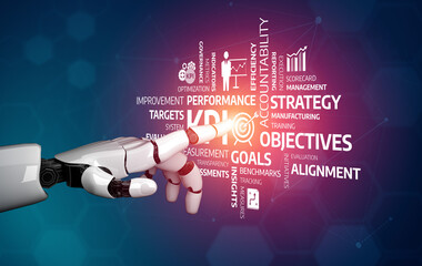 A robotic hand reaches toward colorful business concepts and keywords, symbolizing the integration of technology in modern corporate strategy and performance management. Tessel