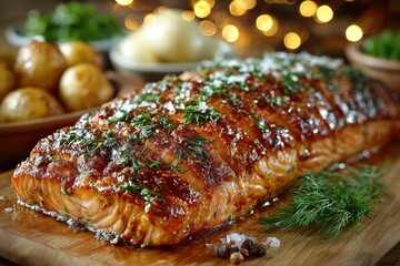 Succulent Salmon Feast: A close-up shot captures a perfectly cooked salmon fillet, glistening with a savory glaze and delicate herbs, surrounded by an array of side dishes.