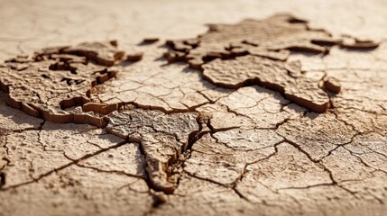 Obraz premium A cracked earth surface featuring a map outline symbolizes environmental issues and the effects of drought on the planet.