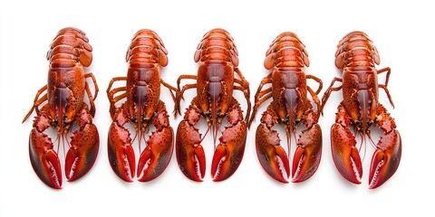 Five cooked lobsters lined up in a row, facing forward, with a white background.