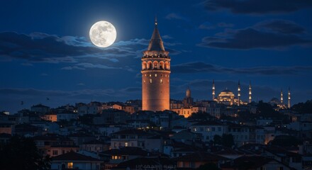 Fototapeta premium Istanbul Nightscape: A captivating nighttime view of Istanbul, with the iconic Galata Tower illuminated against a backdrop of a full moon, a stunning blend of history and natural beauty.