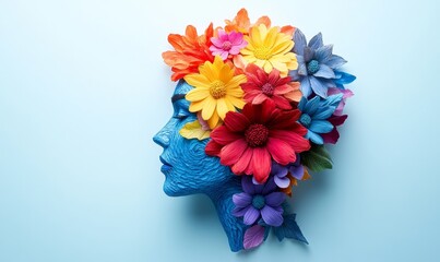 Flowers sculpted into the shape of a head, representing mental health awareness, creativity, and emotional well-being. The colorful floral design conveys themes of mindfulness, Generative AI