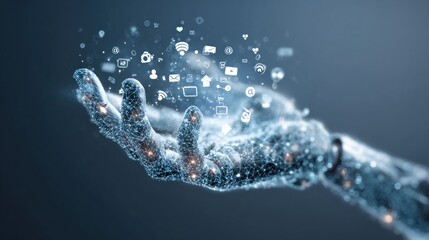 A futuristic, digital hand appears, releasing various floating icons symbolizing technology, communication, and connectivity.