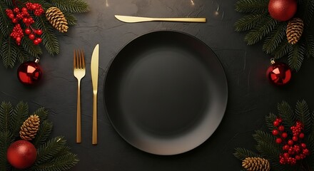 Elegant Christmas table setting with black plate and golden cutlery
