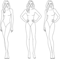 CAD drawing flat vector, female swimsuit figure, fashion body outline, model pose sketch, anatomy reference, clothing design template, minimalist illustration guide